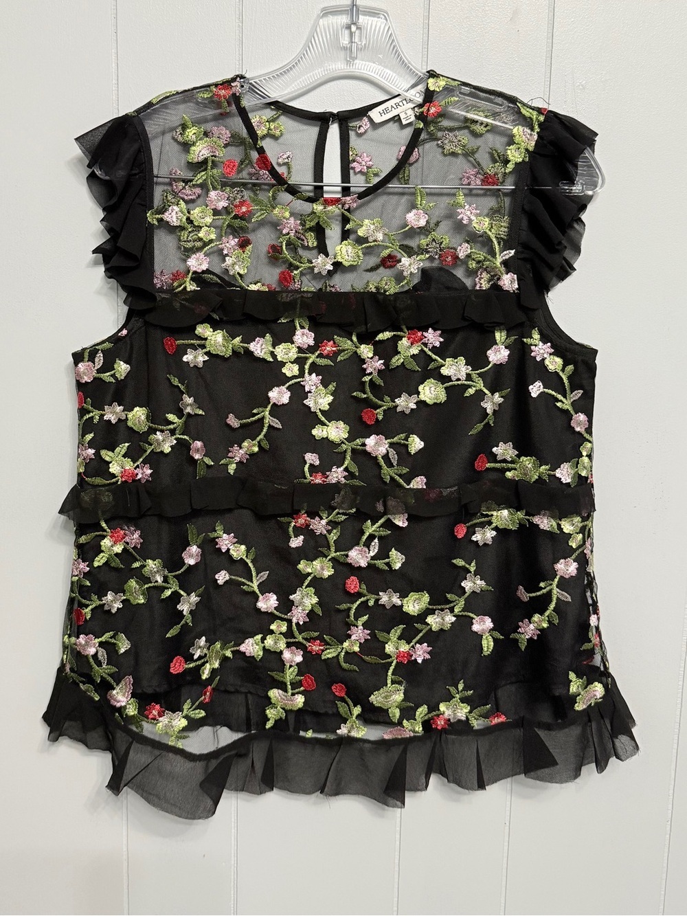 #19) Heartloom Black Sheer Floral Embroidered Ruffle Top